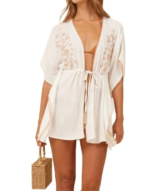 Gauze Floral Embroidery Kimono In Ivory