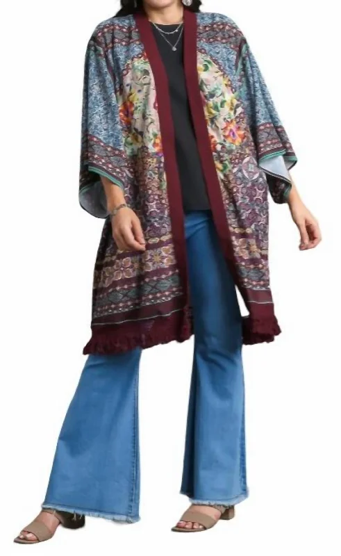 Open Front Print Kimono In Maroon Mix Plus