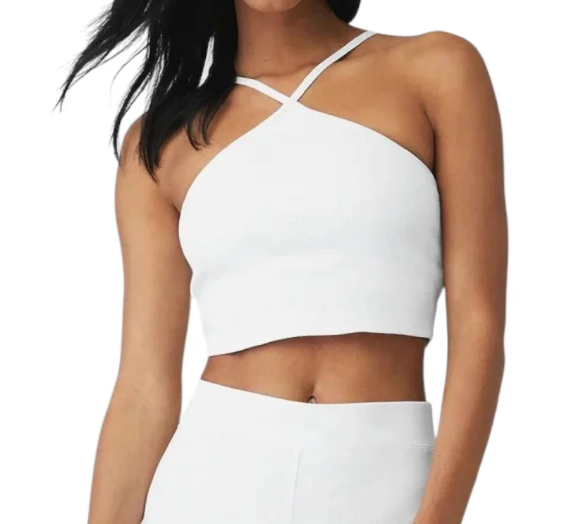 Goddess Ribbed Cropped Halter Bra Top In White