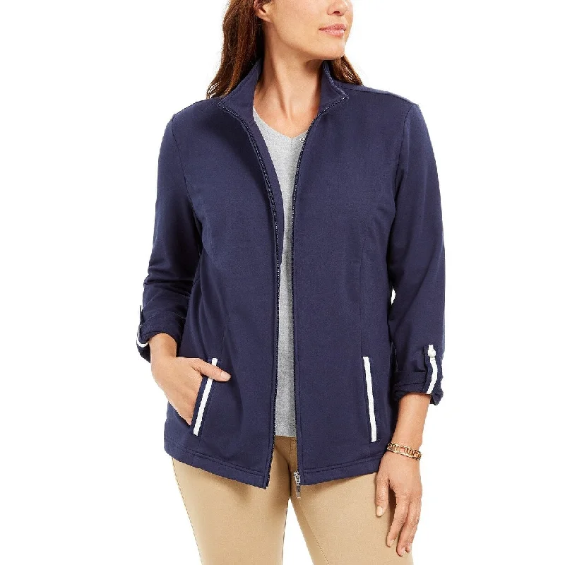 Karen Scott Women's Sport French Terry Ribbon-Trim Jacket Navy Size Large - L