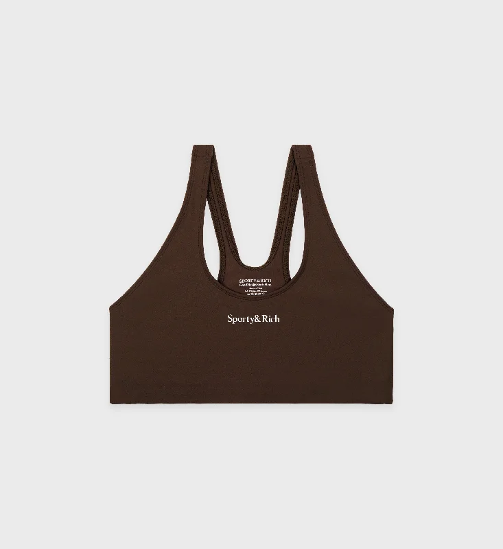 Serif Logo Sport Bra - Chocolate/White