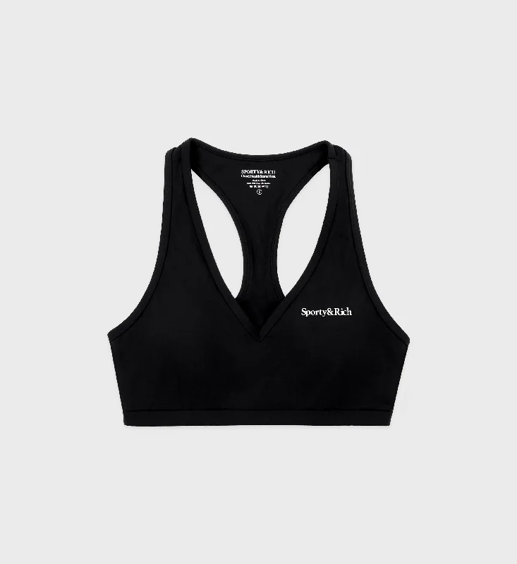 Serif Logo V Neck Sports Bra - Black/White