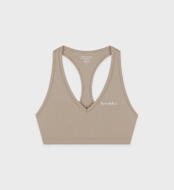 Serif Logo V Neck Sports Bra - Elephant/White